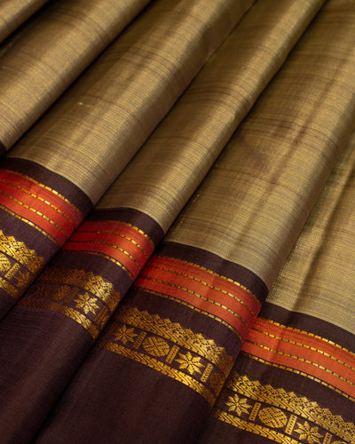 Green and Purple Shot Color Zari Stripes Pure Kanjivaram Silk Sari - Clio Silks
