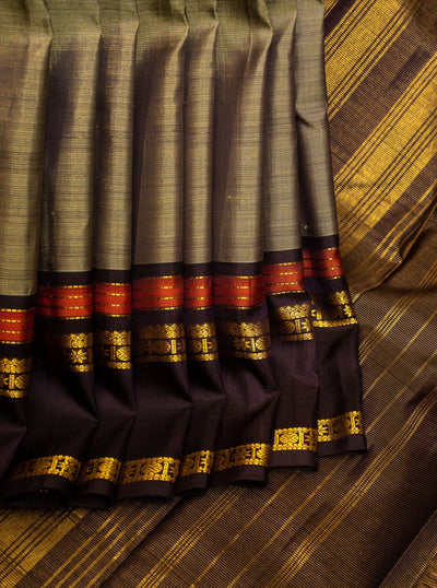 Green and Purple Shot Color Zari Stripes Pure Kanjivaram Silk Sari - Clio Silks