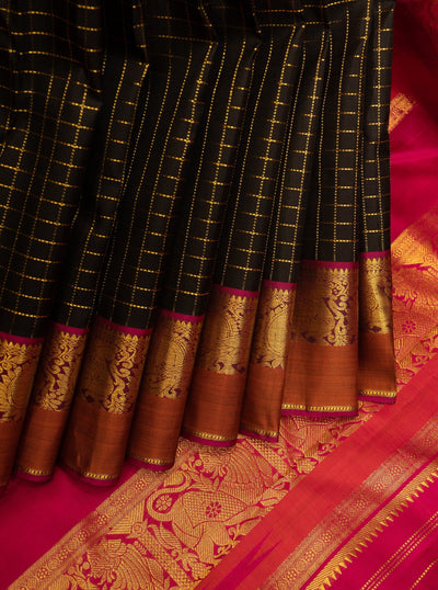 Black and Magenta Zari Checks Pure Kanjivaram Silk Sari - Clio Silks