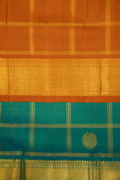 Cyan Green Zari Checks Pure Kanjivaram Silk Sari - Clio Silks