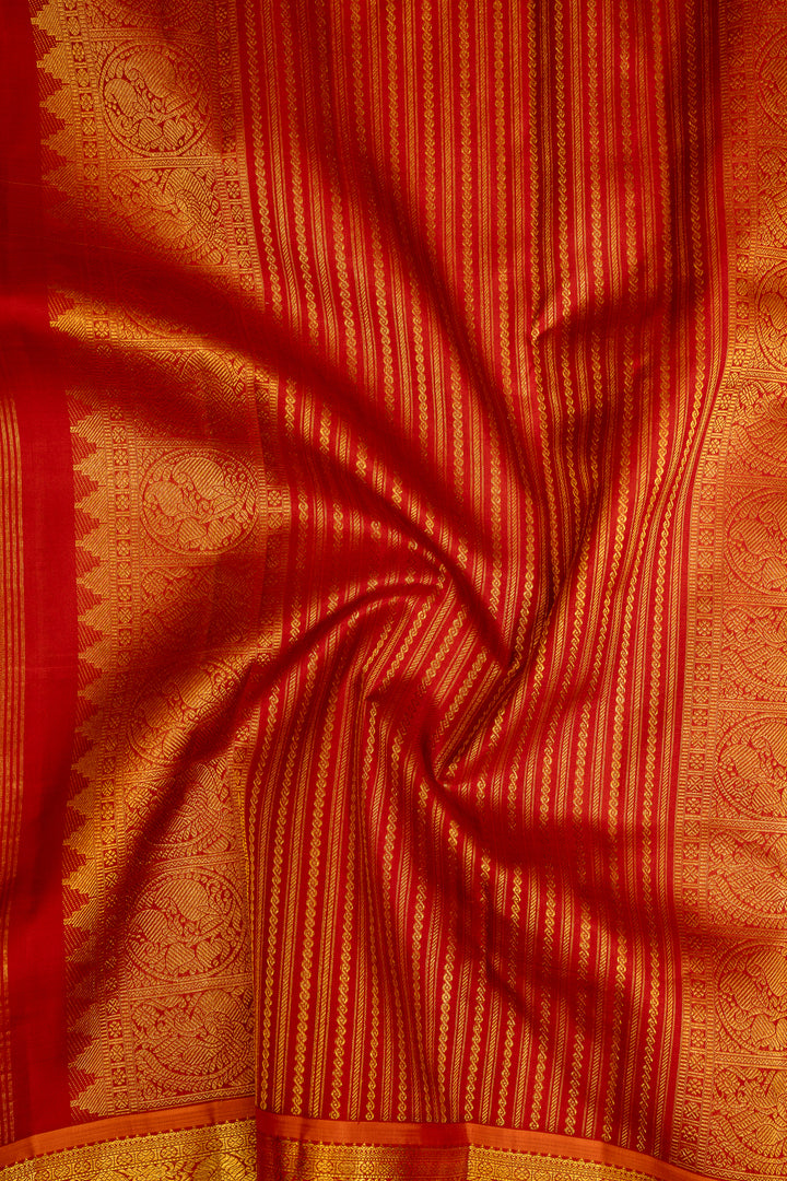 Golden Yellow Checks and Rust Orange Rettai Pettu Pure Kanjivaram Silk Sari - Clio Silks