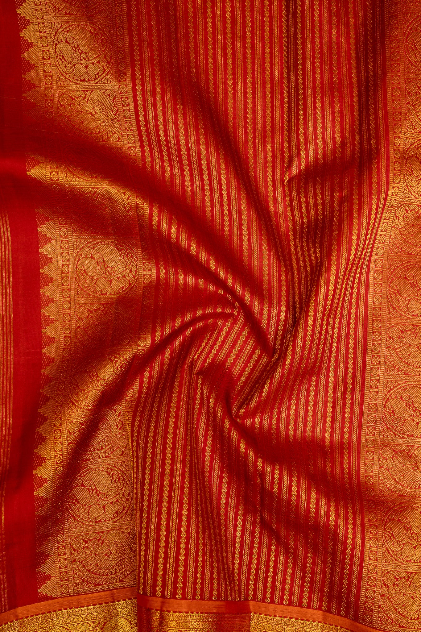 Golden Yellow Checks and Rust Orange Rettai Pettu Pure Kanjivaram Silk Sari - Clio Silks