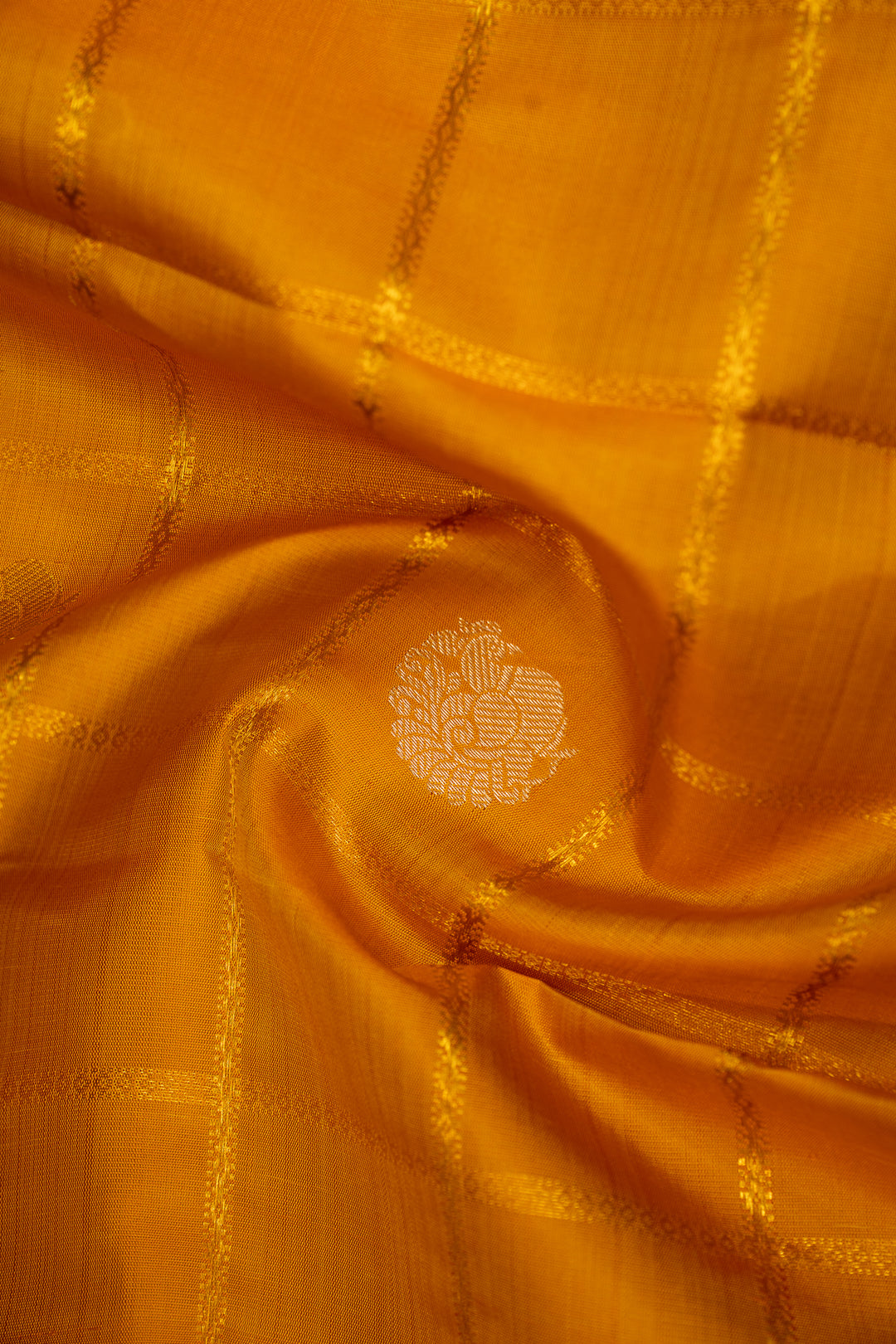 Golden Yellow Checks and Rust Orange Rettai Pettu Pure Kanjivaram Silk Sari - Clio Silks