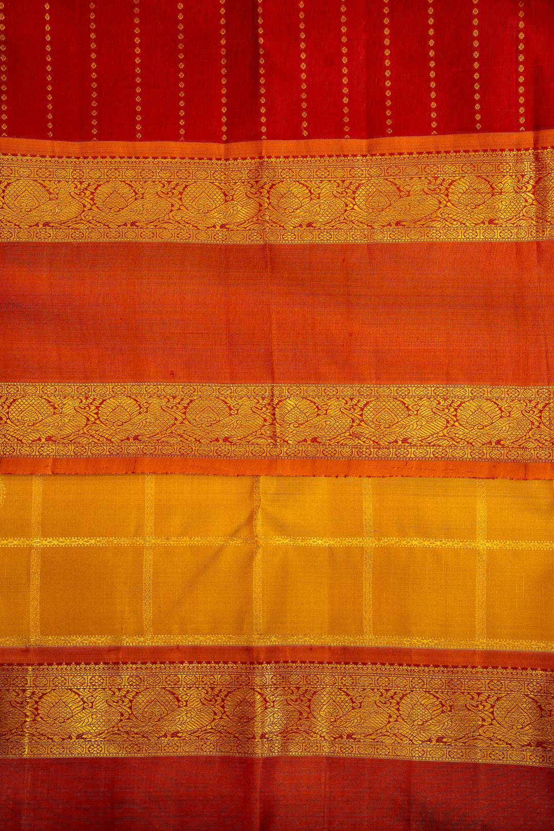 Golden Yellow Checks and Rust Orange Rettai Pettu Pure Kanjivaram Silk Sari - Clio Silks