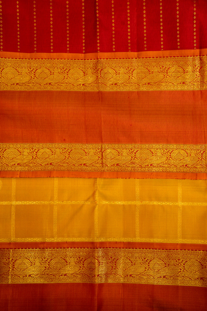 Golden Yellow Checks and Rust Orange Rettai Pettu Pure Kanjivaram Silk Sari - Clio Silks