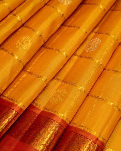 Golden Yellow Checks and Rust Orange Rettai Pettu Pure Kanjivaram Silk Sari - Clio Silks