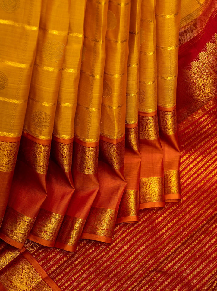 Golden Yellow Checks and Rust Orange Rettai Pettu Pure Kanjivaram Silk Sari - Clio Silks