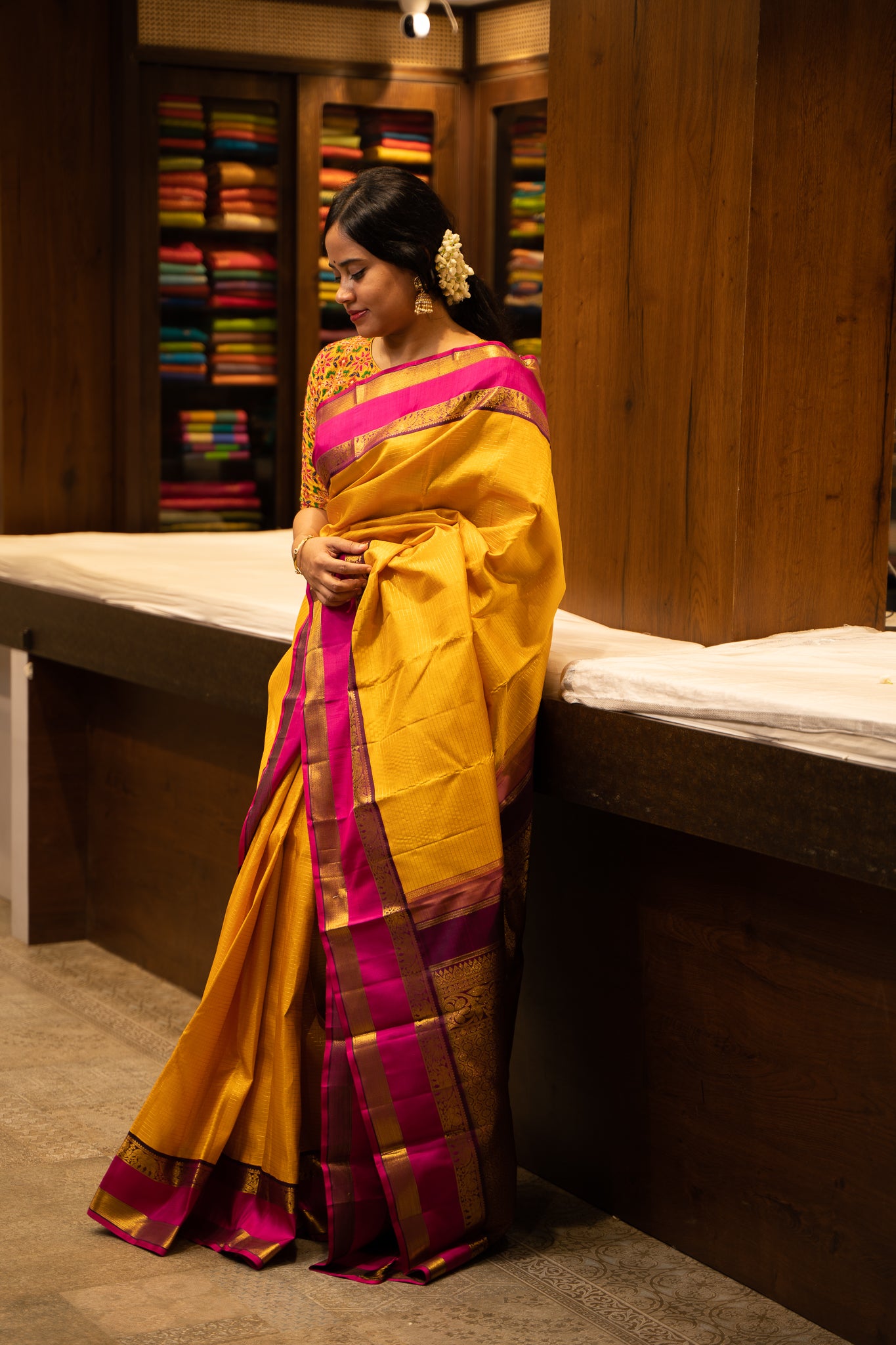Manjal Yellow Zari Stripes Rettai Pettu Pure Kanjivaram Silk Sari - Clio Silks