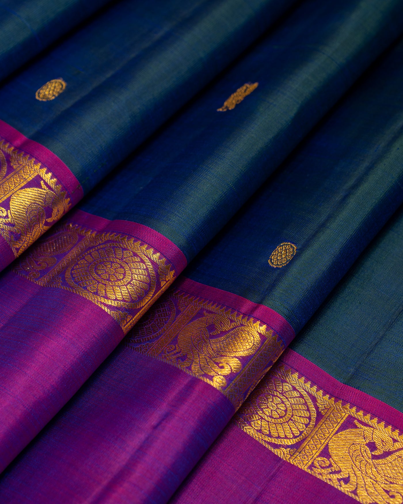 Peacock blue and Purple rettai pettu Pure kanjivaram silk sari - Clio Silks