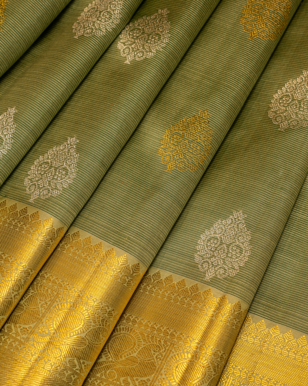 Sage Green Zari Seer Traditional Pure Kanjivaram Silk Sari - Clio Silks