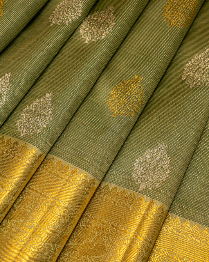 Sage Green Zari Seer Traditional Pure Kanjivaram Silk Sari - Clio Silks