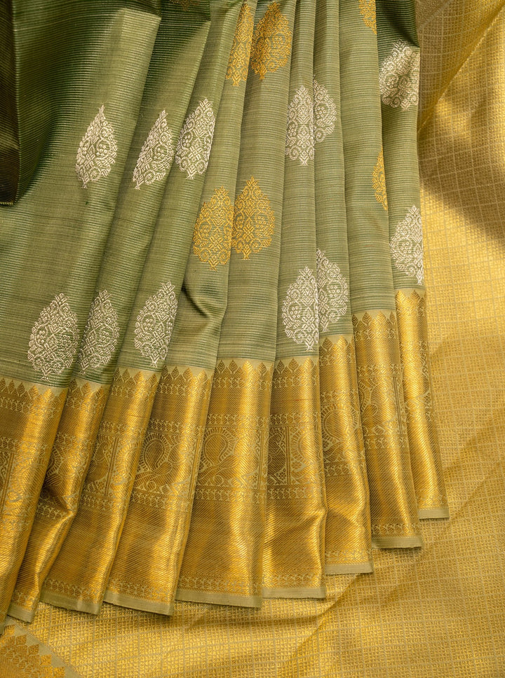 Sage Green Zari Seer Traditional Pure Kanjivaram Silk Sari - Clio Silks