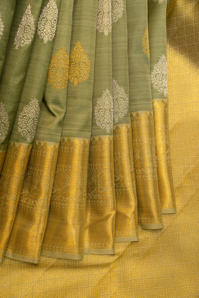 Sage Green Zari Seer Traditional Pure Kanjivaram Silk Sari - Clio Silks