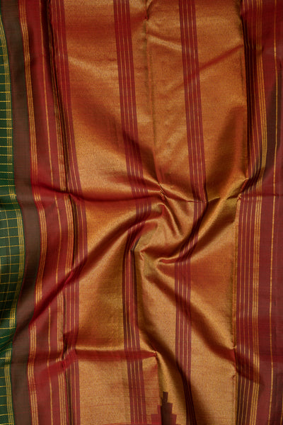 Bottle Green Zari Checks Pure Kanjivaram Silk Sari - Clio Silks