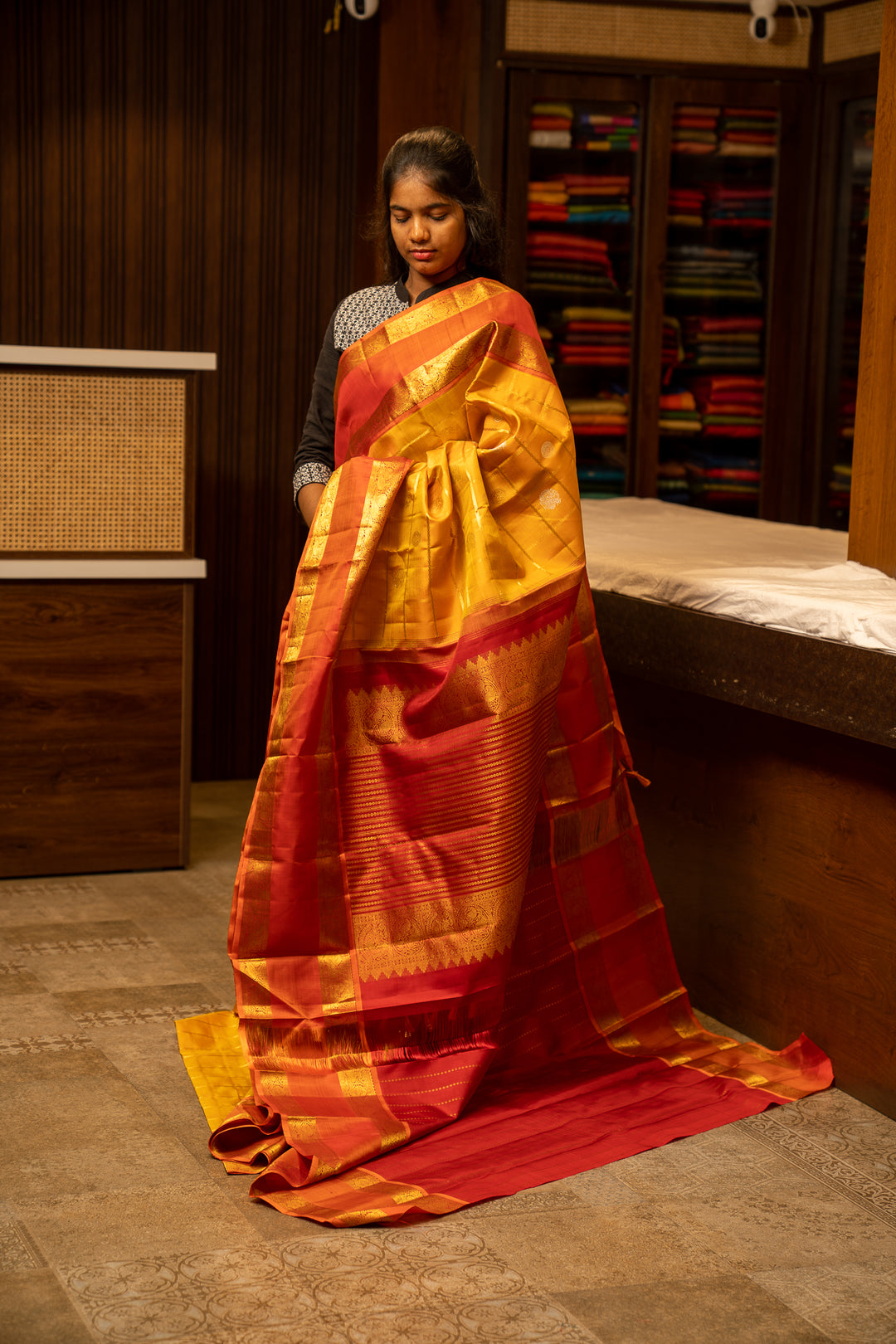 Golden Yellow Checks and Rust Orange Rettai Pettu Pure Kanjivaram Silk Sari - Clio Silks