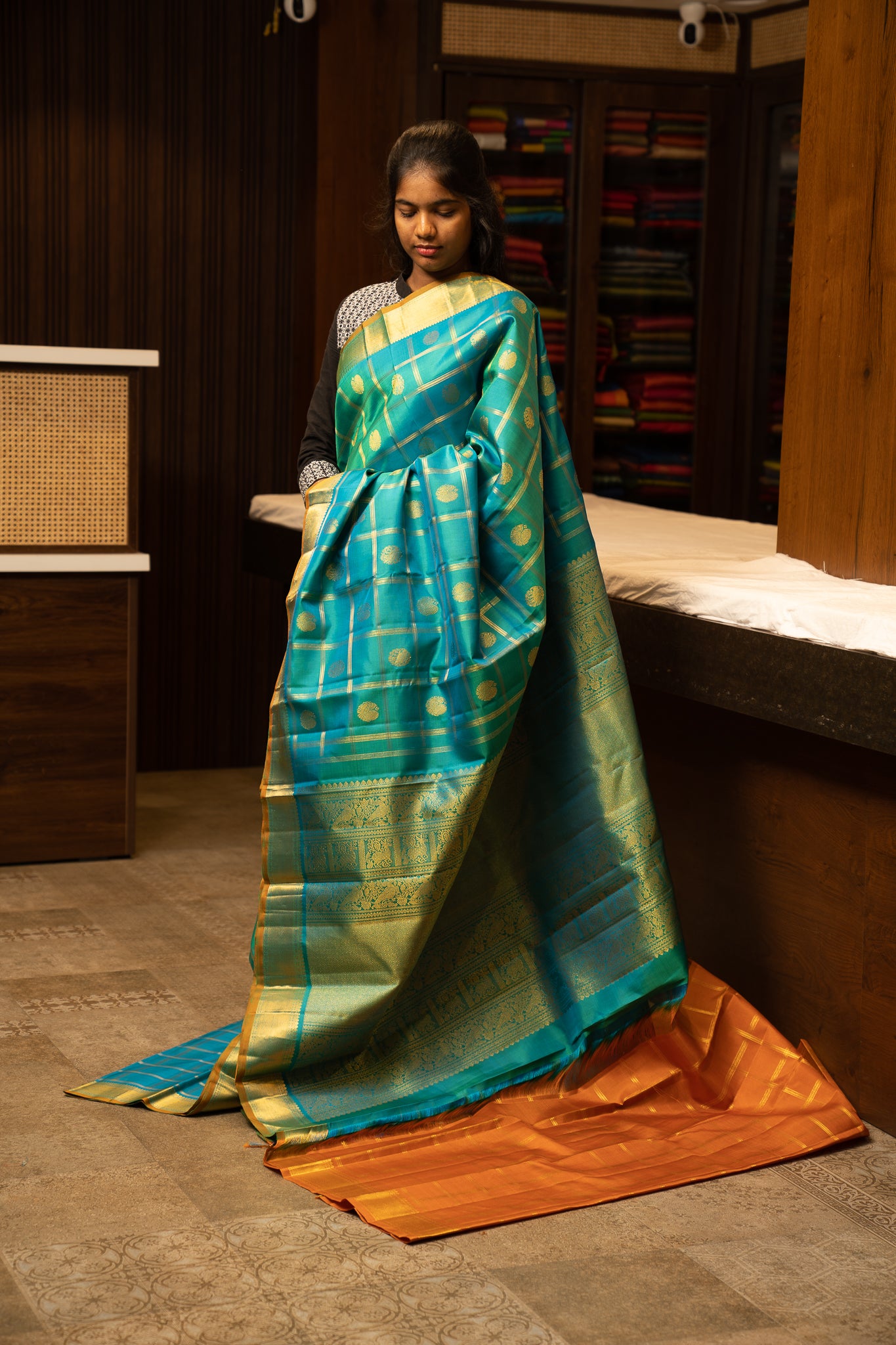 Cyan Green Zari Checks Pure Kanjivaram Silk Sari - Clio Silks