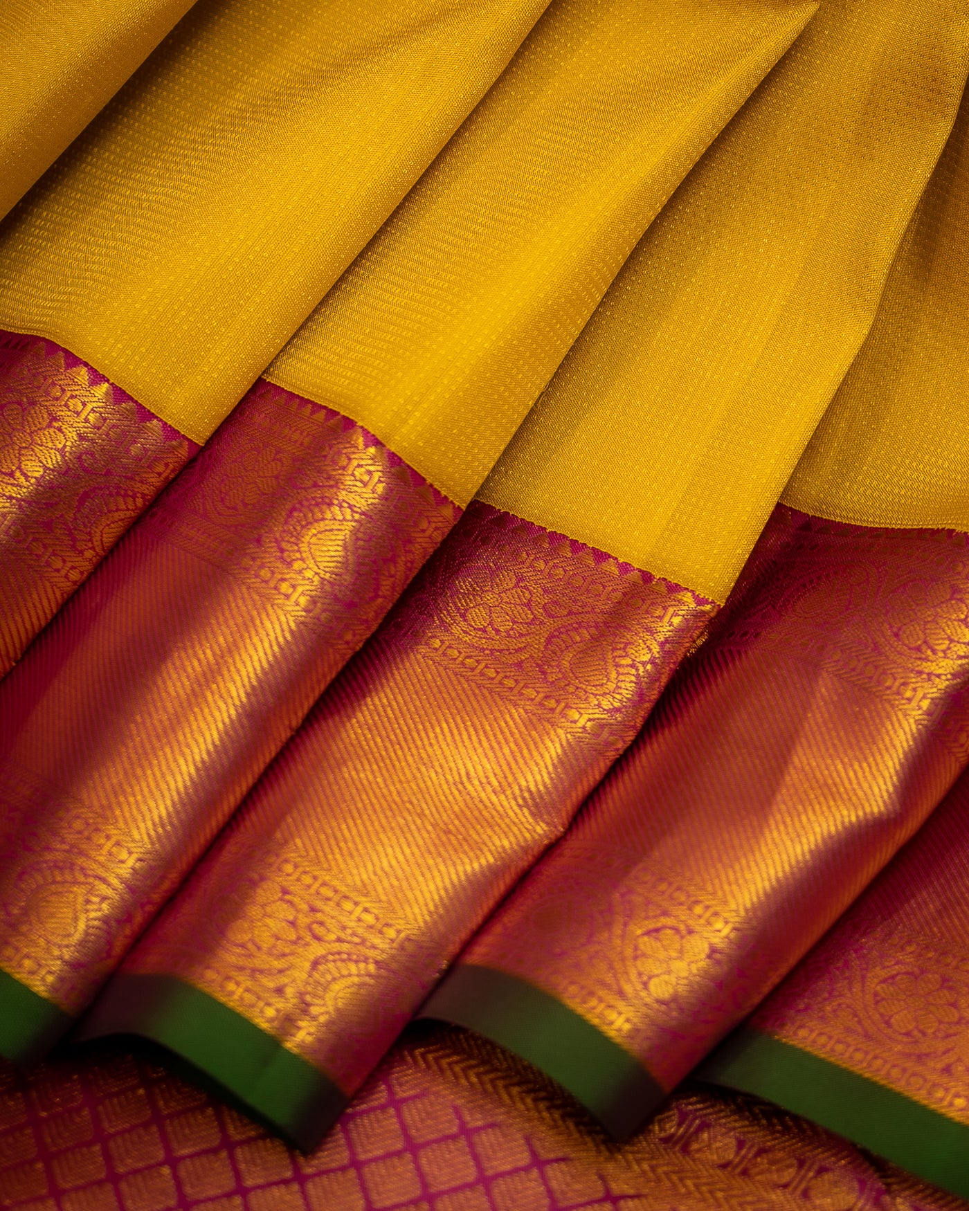 Golden Yellow Muthu Zari Self korvai Kanjivaram Pure Silk Sari - Clio Silks