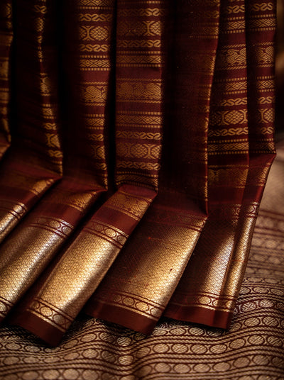 Walnut Brown and Silver Thread Stripes Pure Kanjivartam Silk Sari - Clio Silks