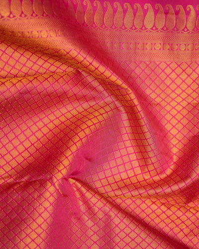 Beige and Lotus Pink Paisley Jacquard Pure Kanjivaram Silk Sari - Clio Silks