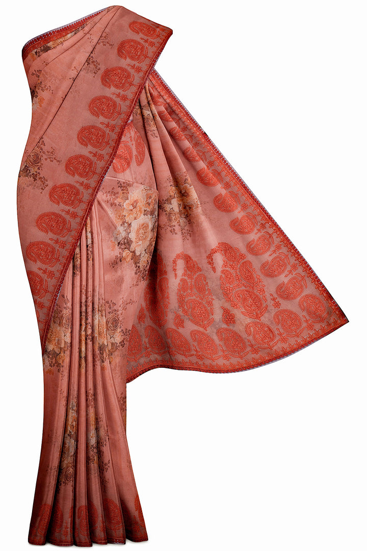 Peach Floral Printed Organza Saree - Clio Silks