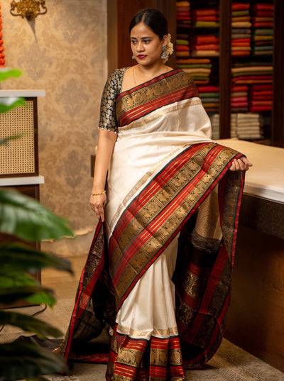 Pearl White and Maroon Rettai Pettu Pure Zari Kanjivaram Silk Sari - Clio Silks