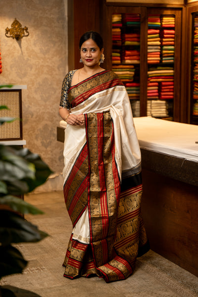 Pearl White and Maroon Rettai Pettu Pure Zari Kanjivaram Silk Sari - Clio Silks