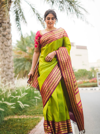 Sampanga Green and Magenta Multi Stripes Pure Kanjivaram Silk Sari - Clio Silks