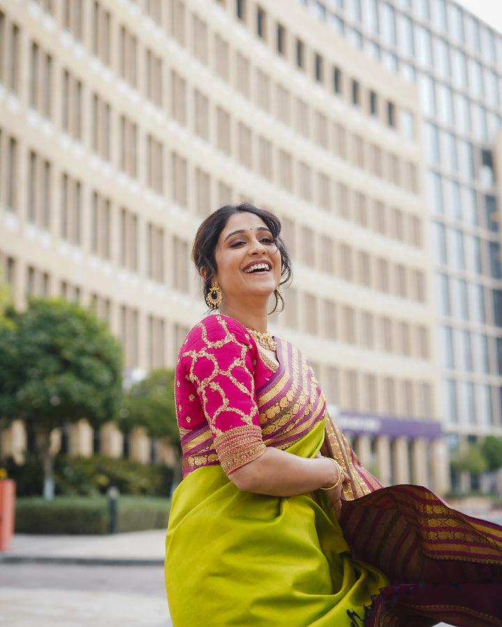 Sampanga Green and Magenta Multi Stripes Pure Kanjivaram Silk Sari - Clio Silks