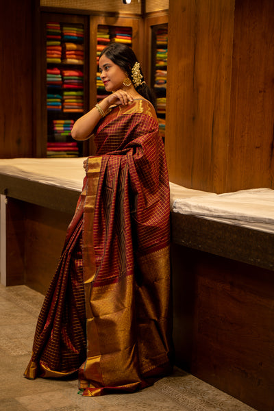 Maroon Pure Zari Muthukattam Kanjivaram Silk Sari - Clio Silks