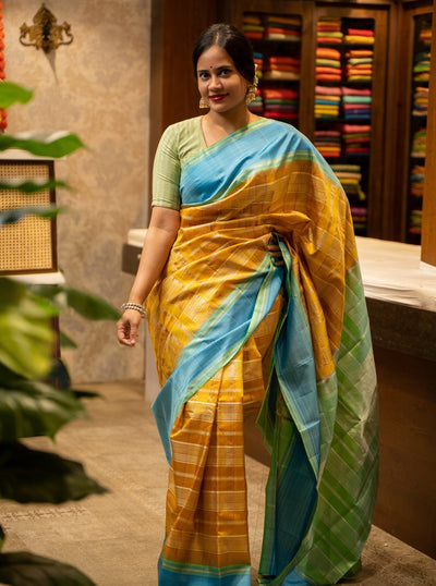 Amber Yellow and Teal Blue Zari Checks Pure Kanjivaram Silk Sari - Clio Silks