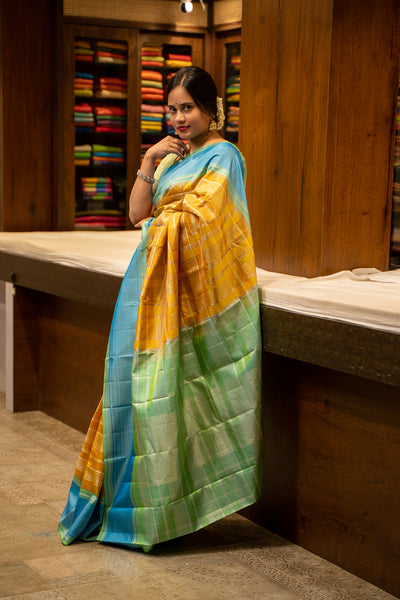 Amber Yellow and Teal Blue Zari Checks Pure Kanjivaram Silk Sari - Clio Silks
