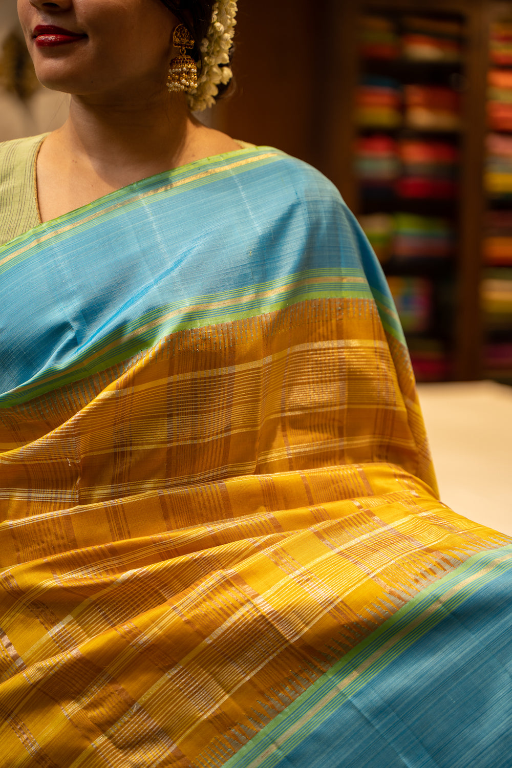 Amber Yellow and Teal Blue Zari Checks Pure Kanjivaram Silk Sari - Clio Silks