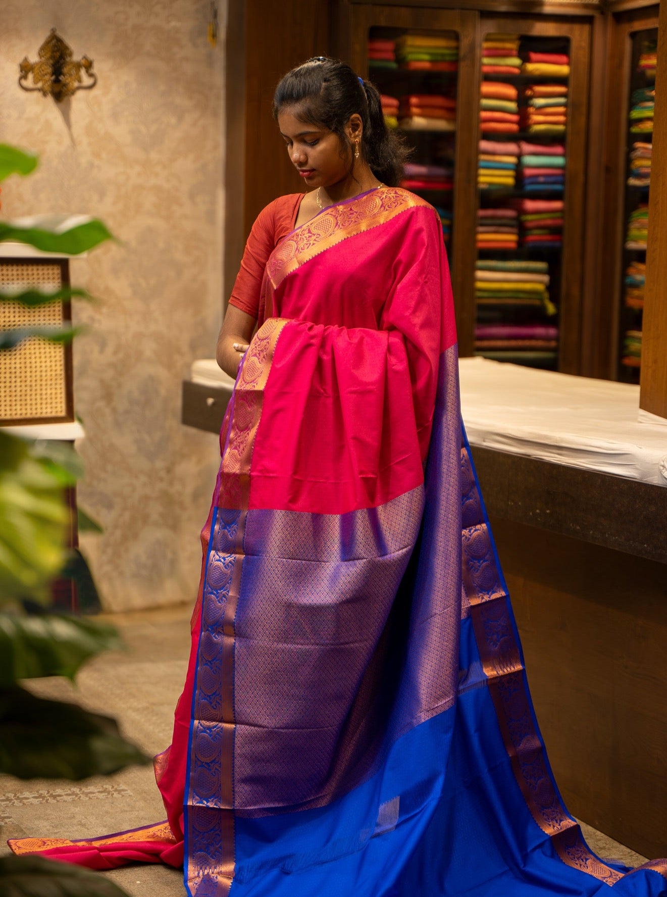 Magenta and Purple Jacquard Semi Silk Sari - Clio Silks