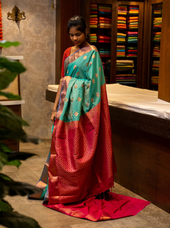 Teal Blue and Magenta Semi Silk Sari - Clio Silks