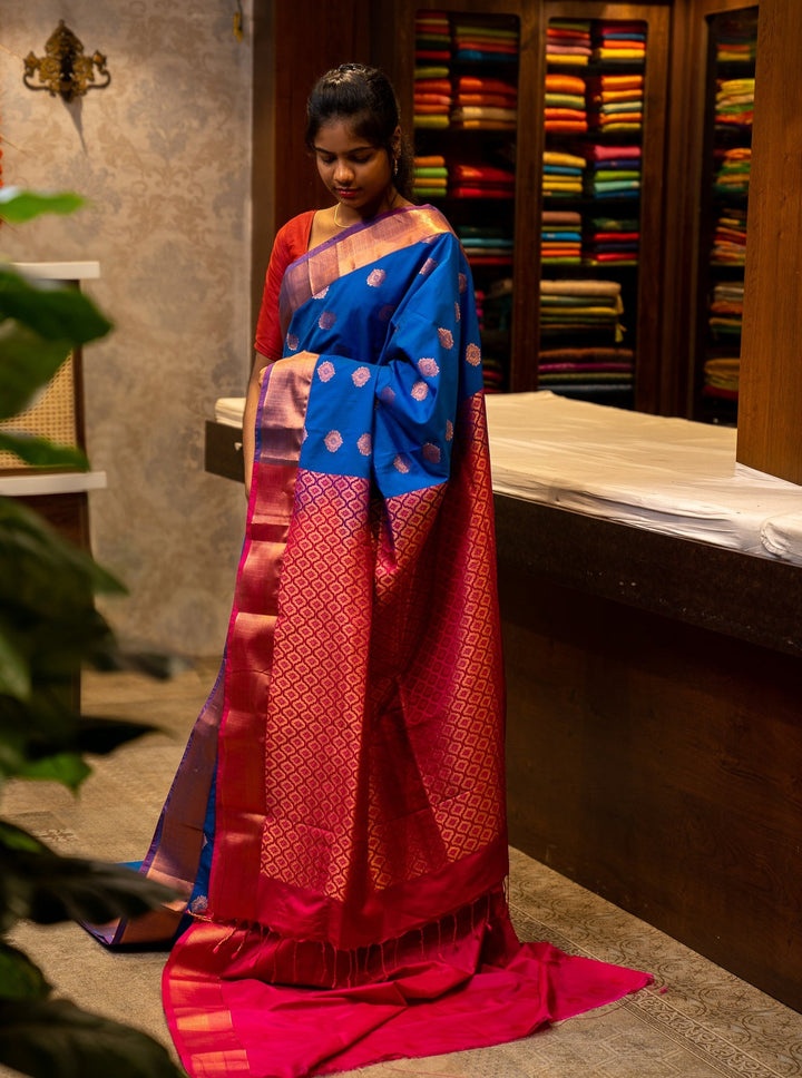 Blue and Red Traditional Semi Silk Sari - Clio Silks