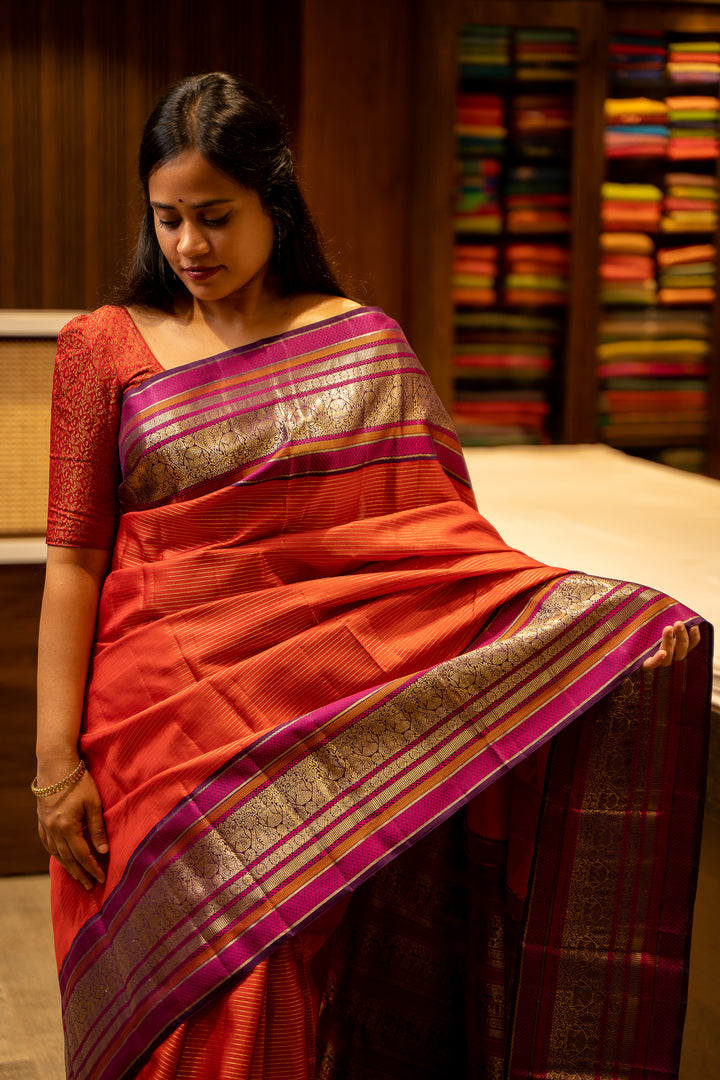 Scarlet Red Vairaoosi Stripes With Iruthalaipakshi Pure Kanjivaram Silk Sari - Clio Silks