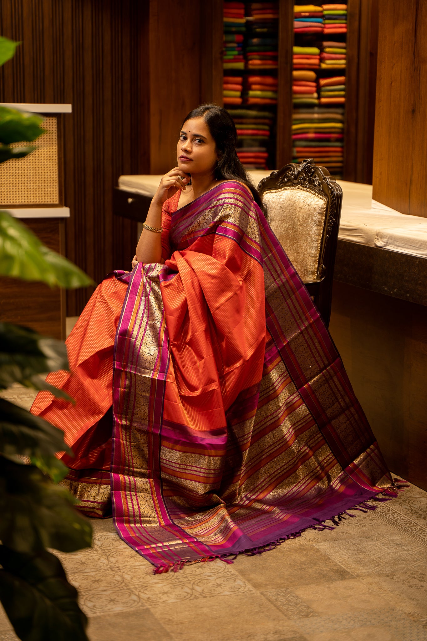 Scarlet Red Vairaoosi Stripes With Iruthalaipakshi Pure Kanjivaram Silk Sari - Clio Silks