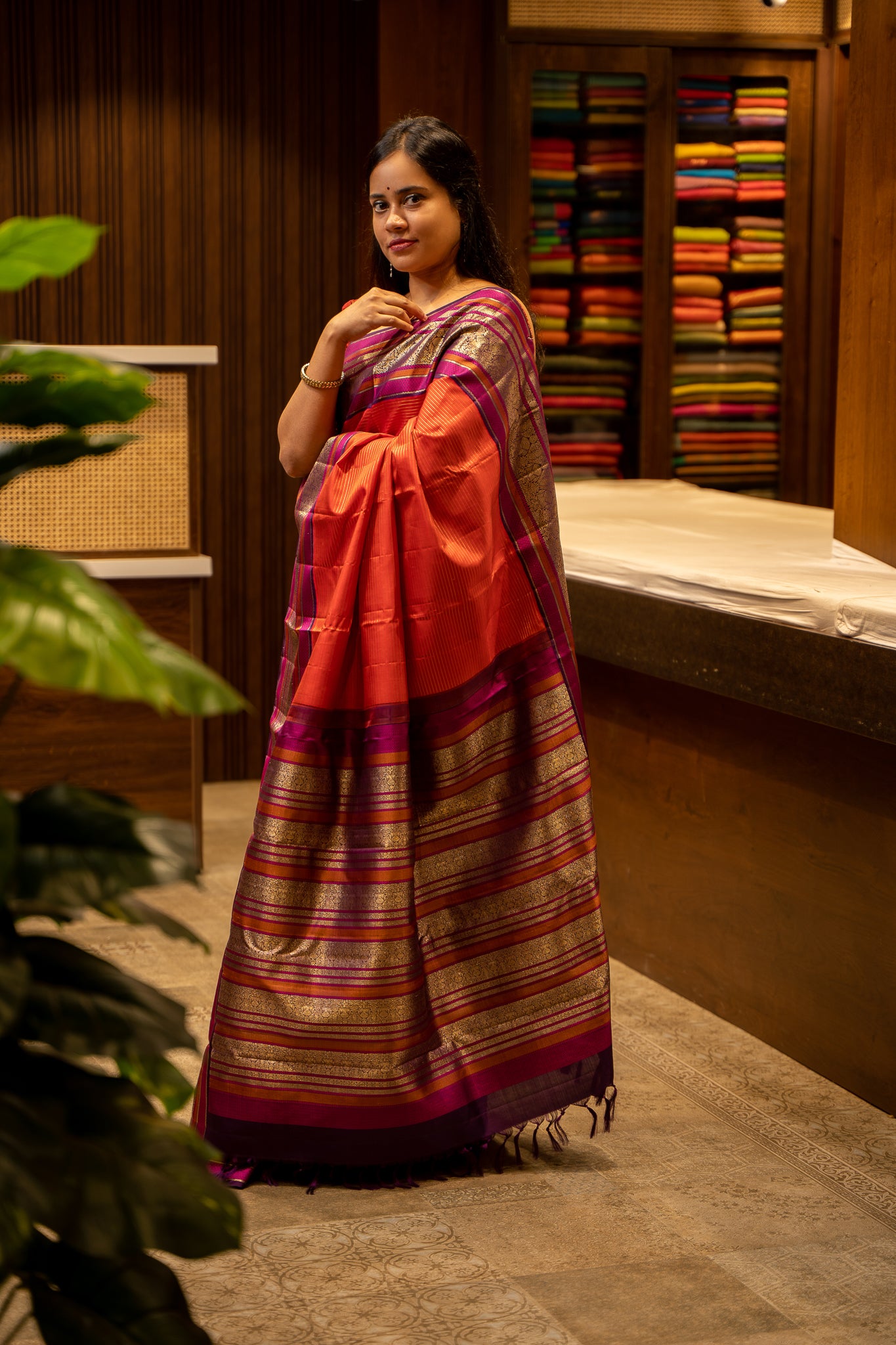 Scarlet Red Vairaoosi Stripes With Iruthalaipakshi Pure Kanjivaram Silk Sari - Clio Silks