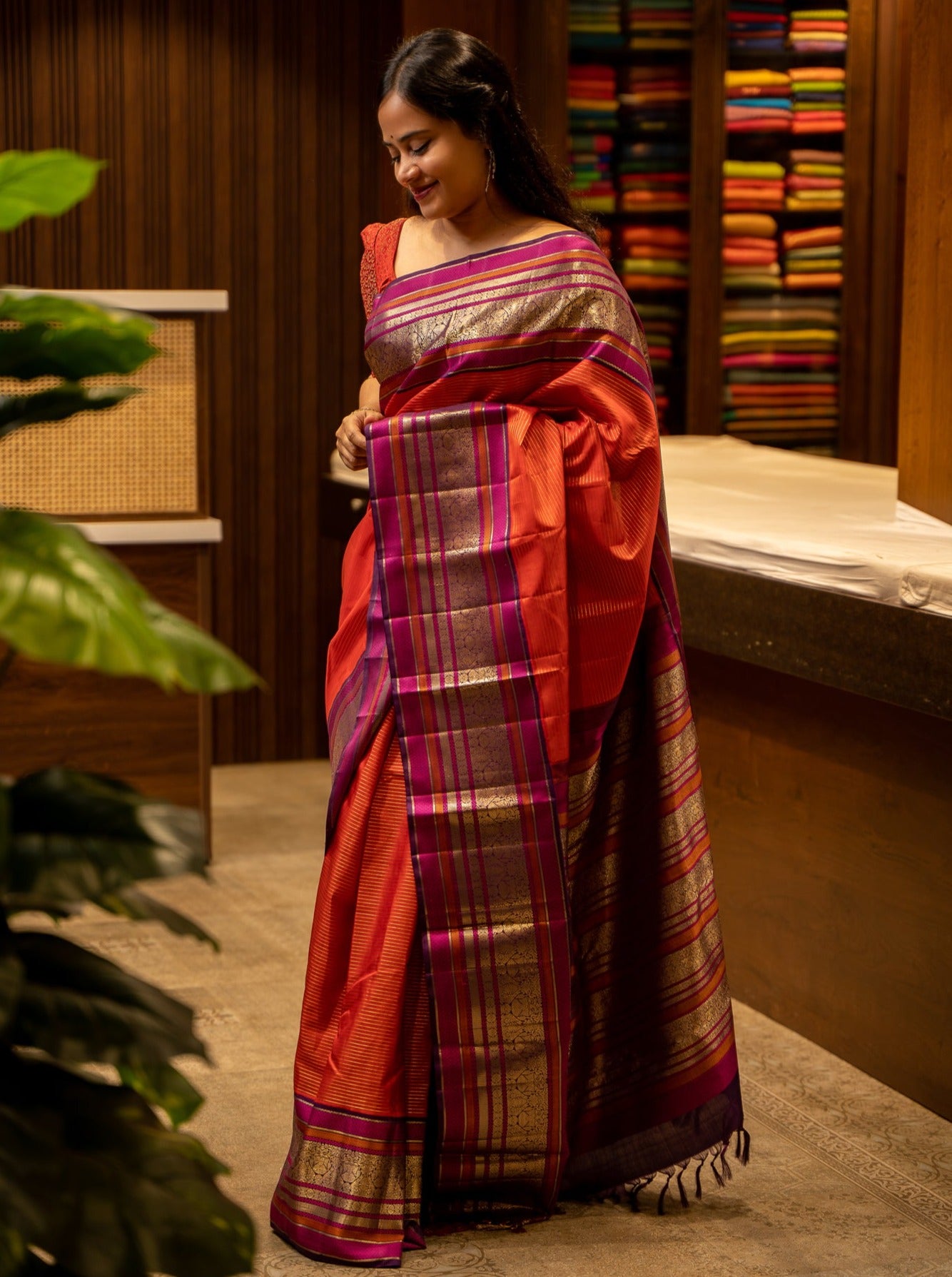 Scarlet Red Vairaoosi Stripes With Iruthalaipakshi Pure Kanjivaram Silk Sari - Clio Silks
