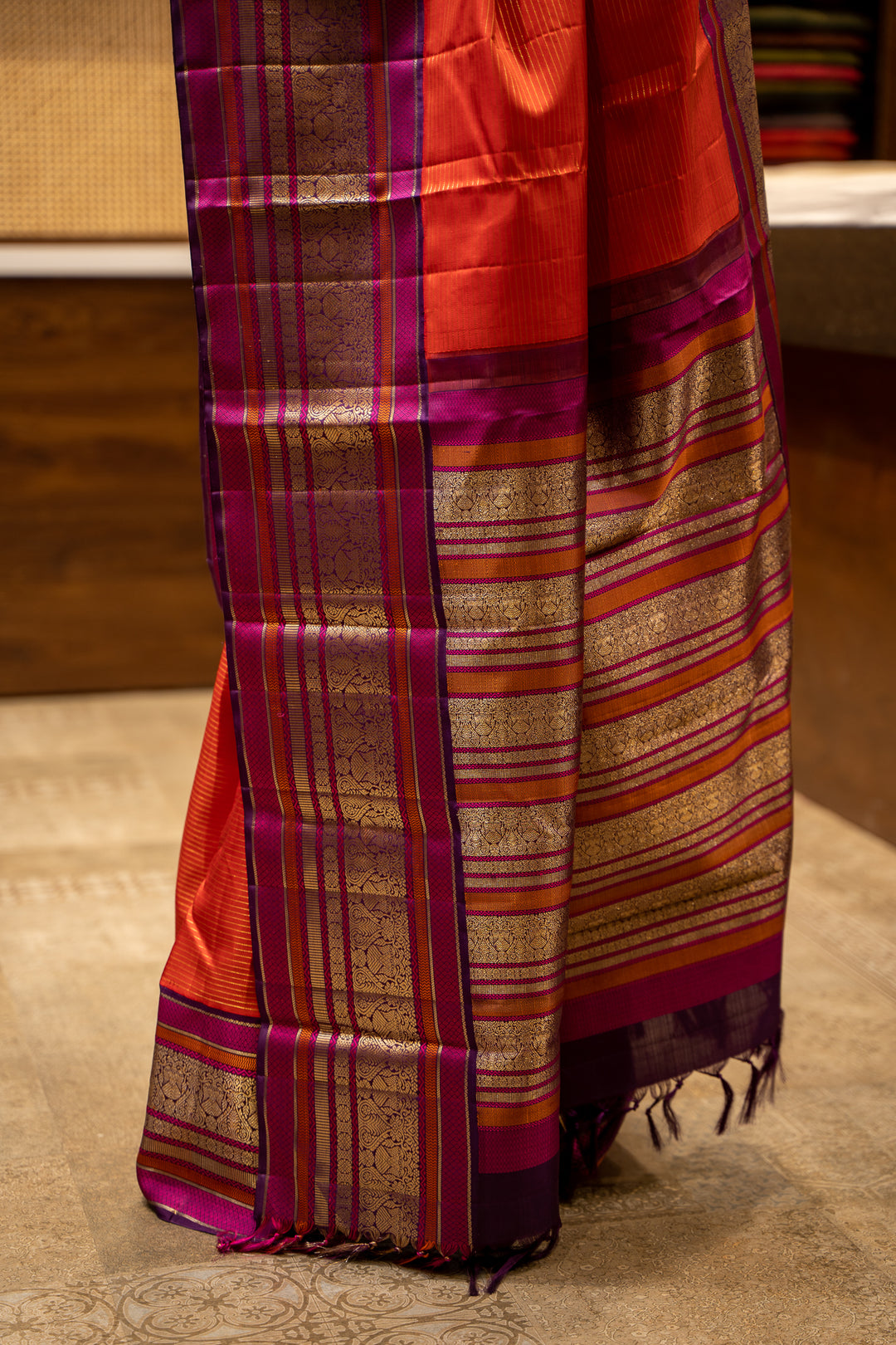 Scarlet Red Vairaoosi Stripes With Iruthalaipakshi Pure Kanjivaram Silk Sari - Clio Silks