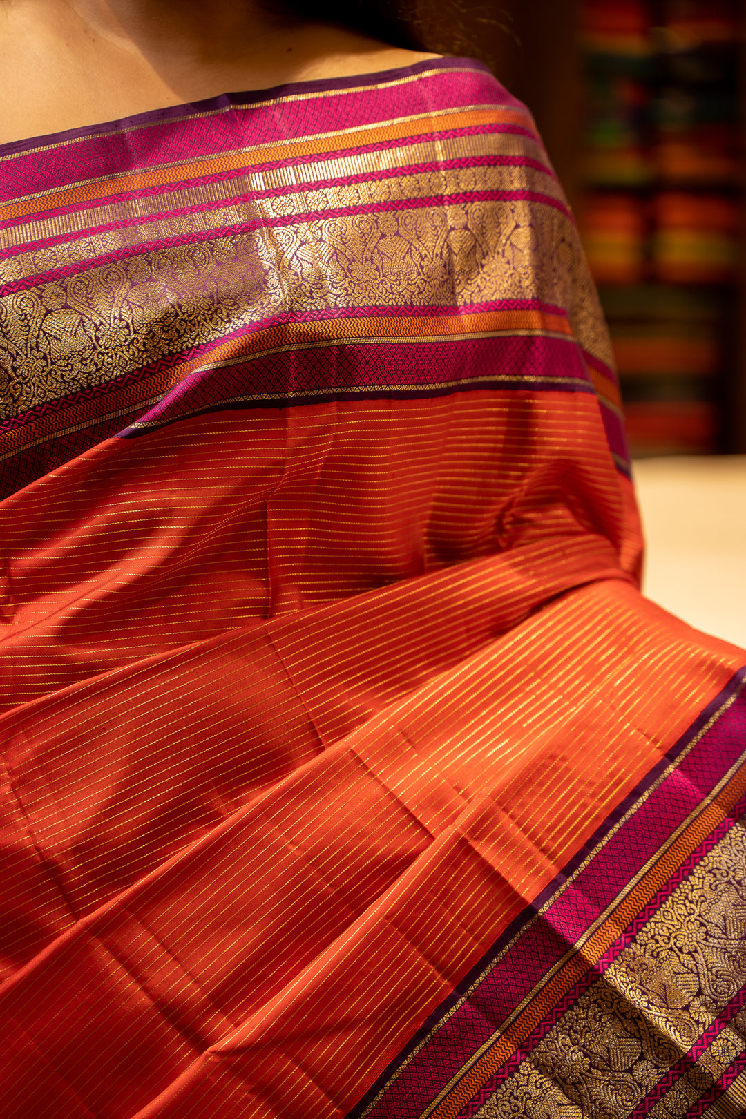 Scarlet Red Vairaoosi Stripes With Iruthalaipakshi Pure Kanjivaram Silk Sari - Clio Silks