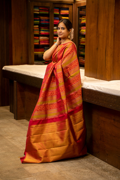 Amaranth Red Borderless Vanasingaram Stripes Pure Kanjivaram Silk Sari - Clio Silks