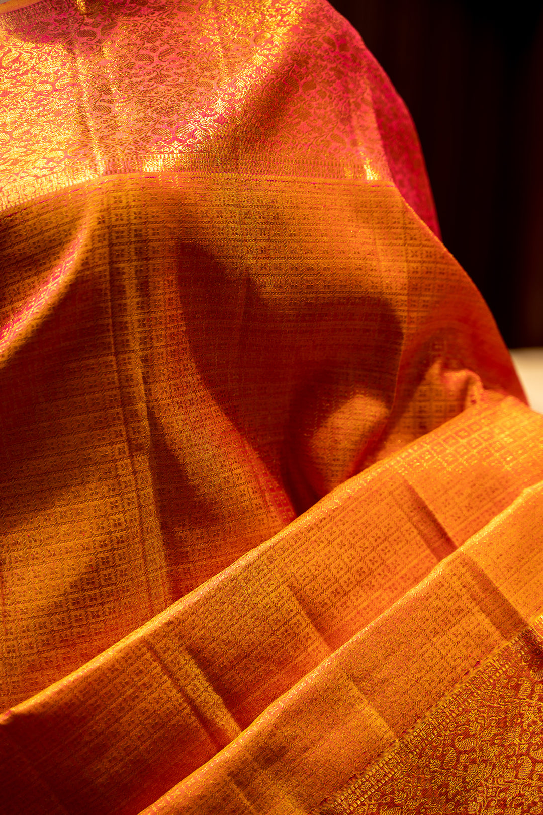 Peach Orange Zari Brocade Floral Border Pure Kanjivaram Silk Sari - Clio Silks