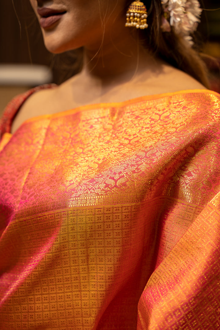 Peach Orange Zari Brocade Floral Border Pure Kanjivaram Silk Sari - Clio Silks