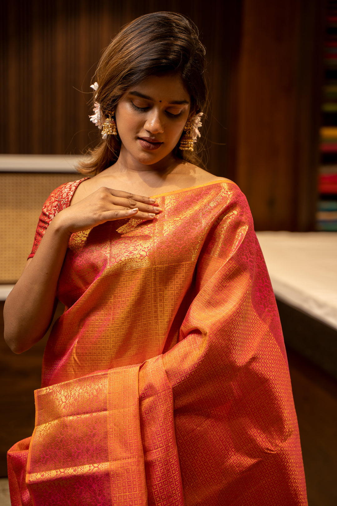 Peach Orange Zari Brocade Floral Border Pure Kanjivaram Silk Sari - Clio Silks