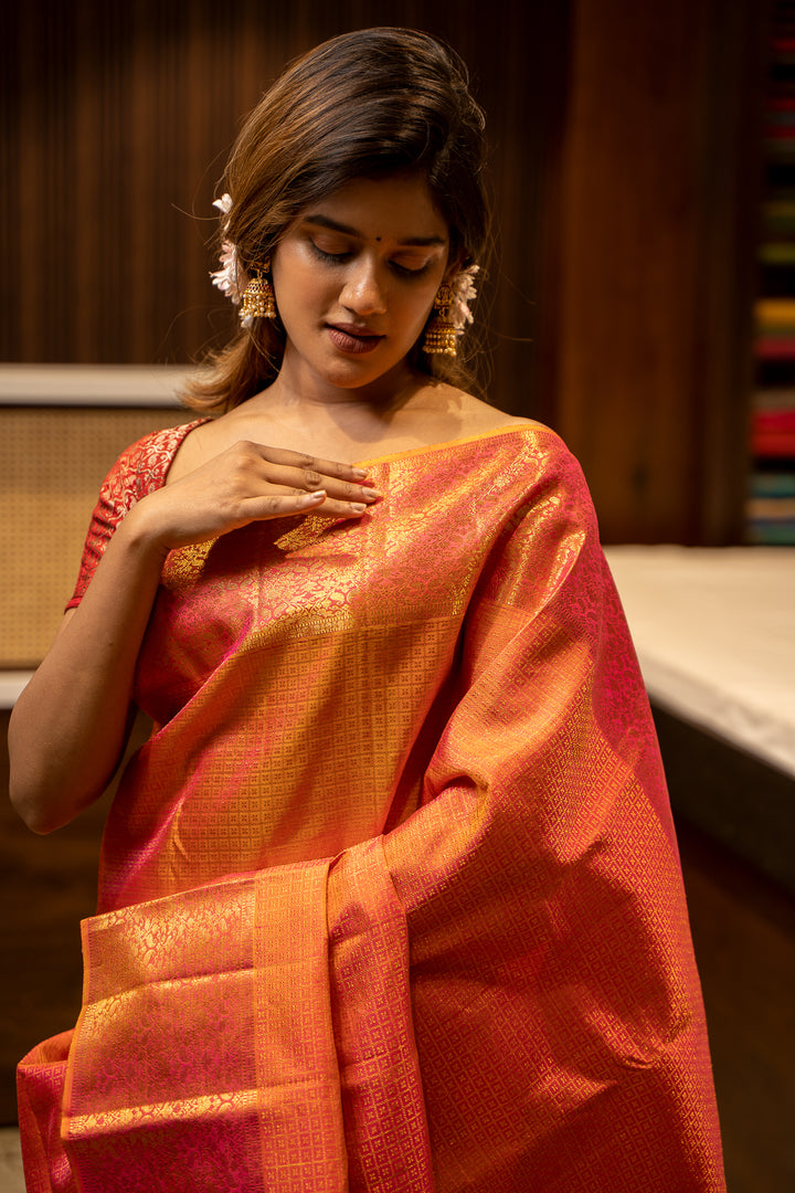 Peach Orange Zari Brocade Floral Border Pure Kanjivaram Silk Sari - Clio Silks