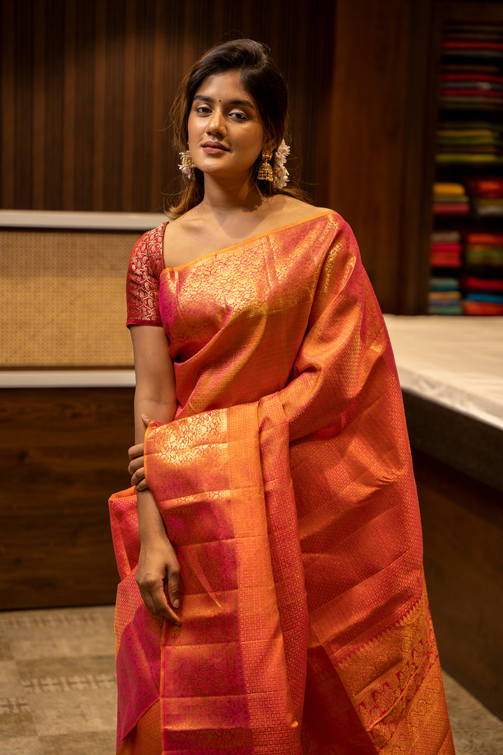 Peach Orange Zari Brocade Floral Border Pure Kanjivaram Silk Sari - Clio Silks