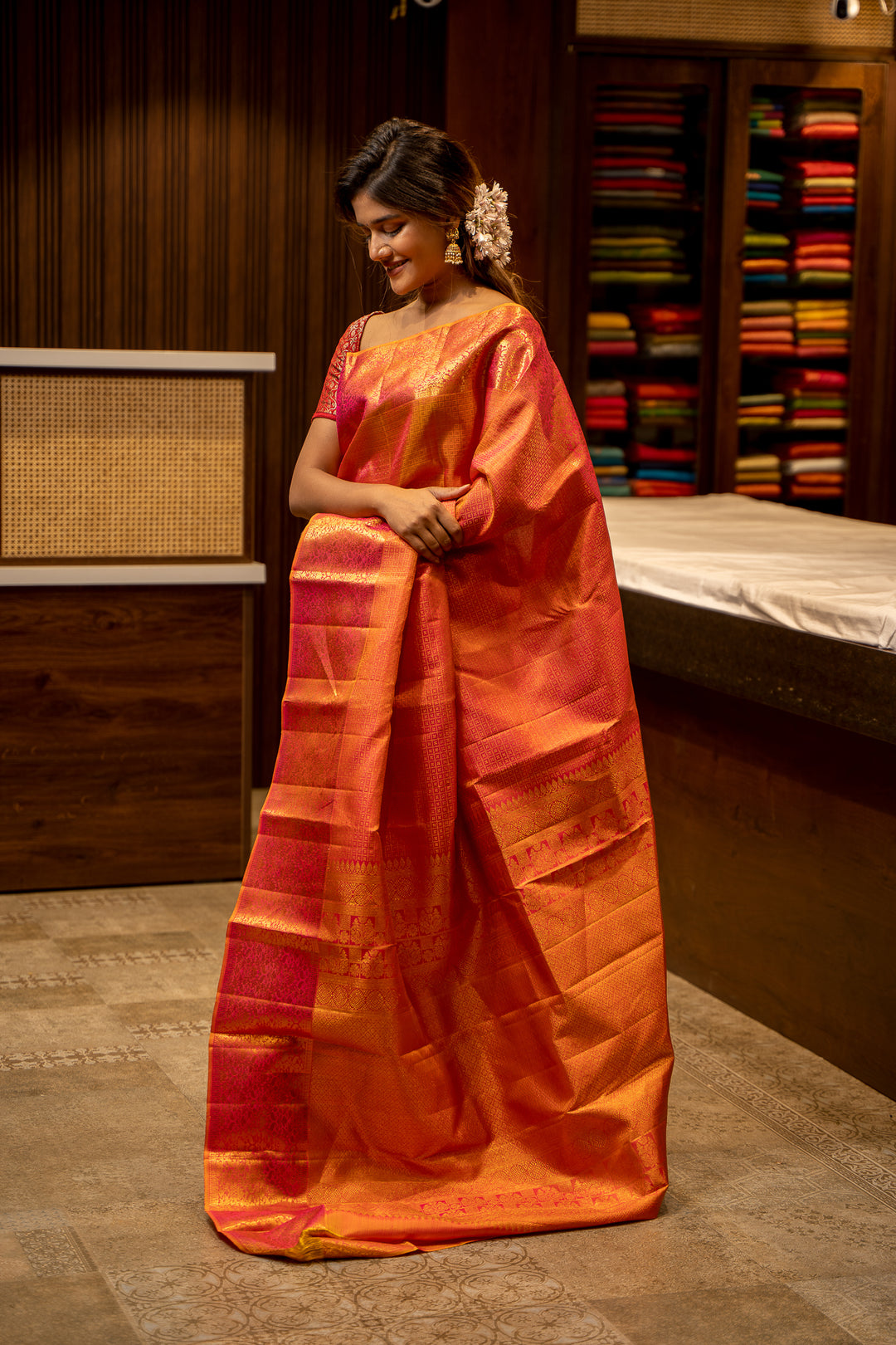 Peach Orange Zari Brocade Floral Border Pure Kanjivaram Silk Sari - Clio Silks