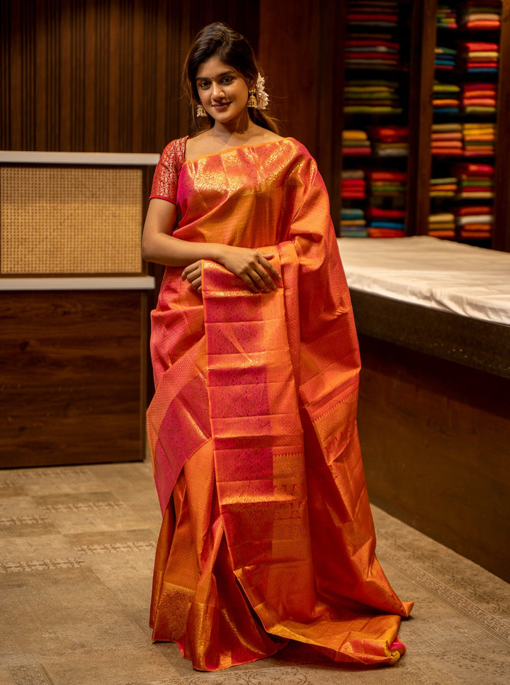 Peach Orange Zari Brocade Floral Border Pure Kanjivaram Silk Sari - Clio Silks
