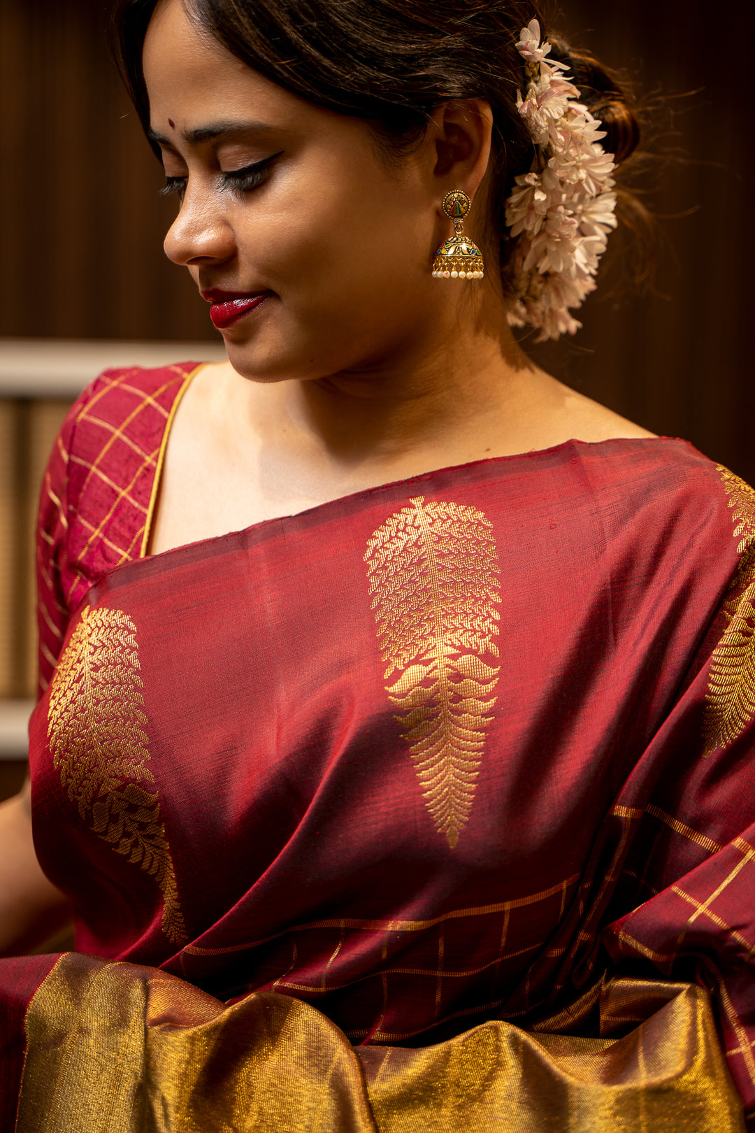 Maroon Rising Checks Pure Kanjivaram Silk Sari - Clio Silks